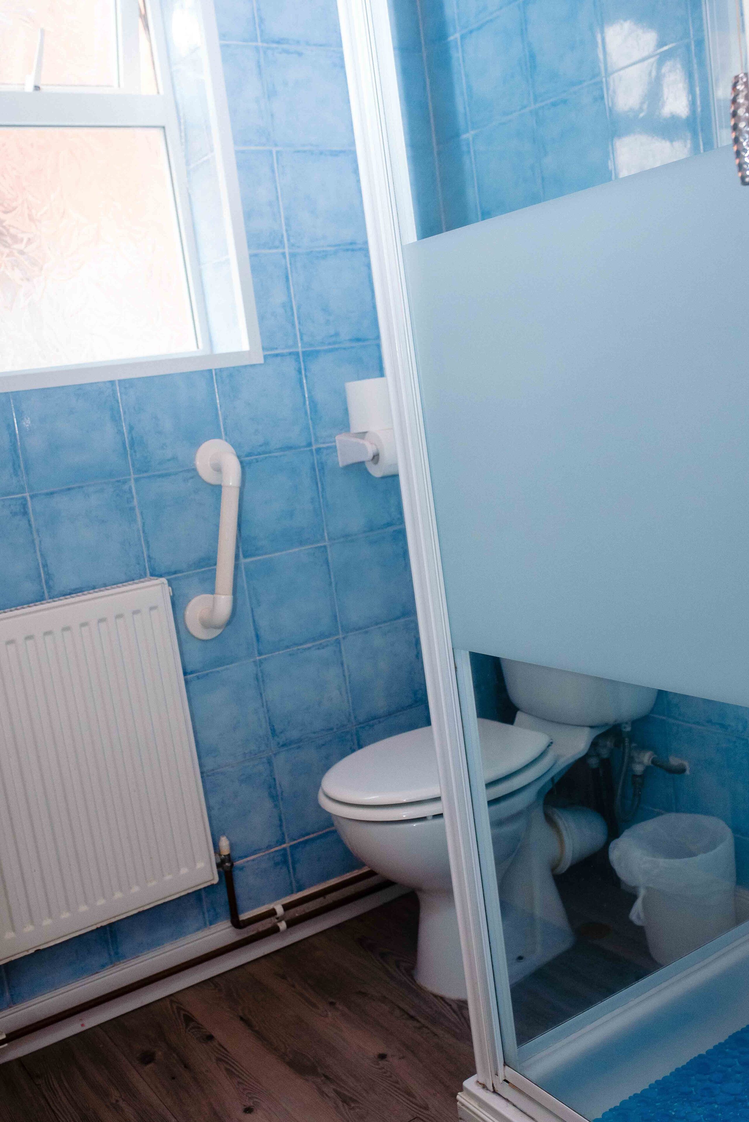 Een badkamer met blauwe tegels, een wit toilet, een witte handdoekradiator en een witte douchecabine.