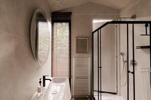 Eco-friendly toiletries, hair dryer, towels, toilet paper