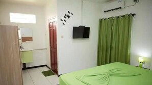 Une pièce avec un lit, un rideau vert, un téléviseur fixé au mur et une porte.
