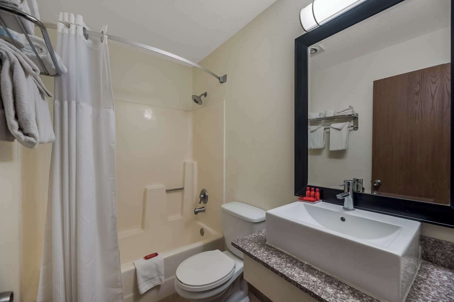 A bathroom with a shower, toilet, sink, and a mirror.