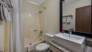 Baño con ducha, inodoro, lavabo y espejo.