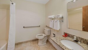 Un baño con inodoro, cortina de ducha, barras de apoyo, lavamanos con espejo y toallero.