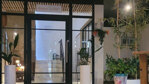 Un vestíbulo moderno con entrada de vidrio, dos lámparas colgantes y plantas en macetas.