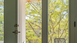 Une pièce avec une table en verre, une plante en pot et une vue sur les arbres, visible à travers une porte-fenêtre.
