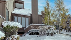 Una casa moderna con una chimenea grande, un porche cubierto y plantas cubiertas de nieve.