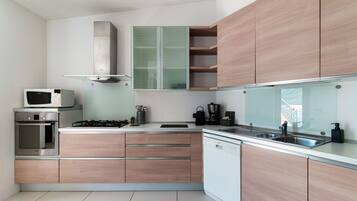 Fridge, microwave, oven, dishwasher