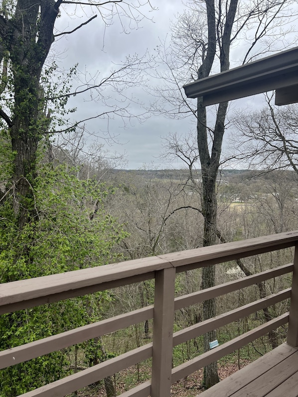 Une terrasse en bois offrant une vue sur une zone boisée et un bâtiment situé au loin.