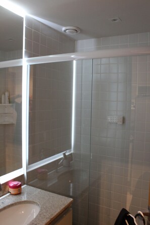 Hair dryer, towels, soap, toilet paper