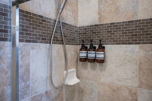 Shower, towels, soap, shampoo