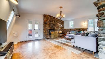 TV, fireplace, books
