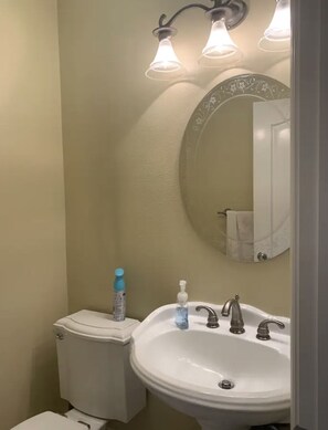 Jetted bath, hair dryer, towels, soap