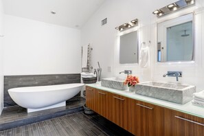 Hair dryer, towels, soap, shampoo