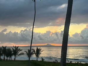 A sunset view with palm trees and a calm sea.