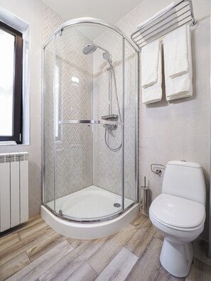Une salle de bain moderne dotée d’une douche à parois de verre, de toilettes et d’un porte-serviettes.