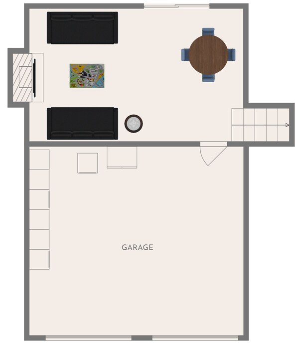 A floor plan of a house with a living room, dining area, kitchen, and a garage.