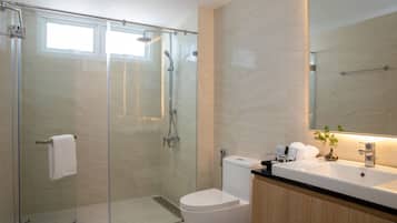 A modern bathroom with a glass-enclosed shower, a white toilet, and a large mirror above a sink with a wooden cabinet.
