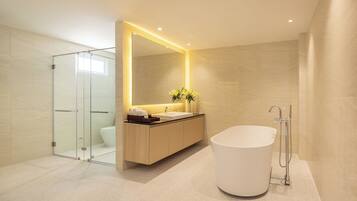 A modern bathroom with a glass-enclosed shower, a freestanding bathtub, and a vanity with a mirror.