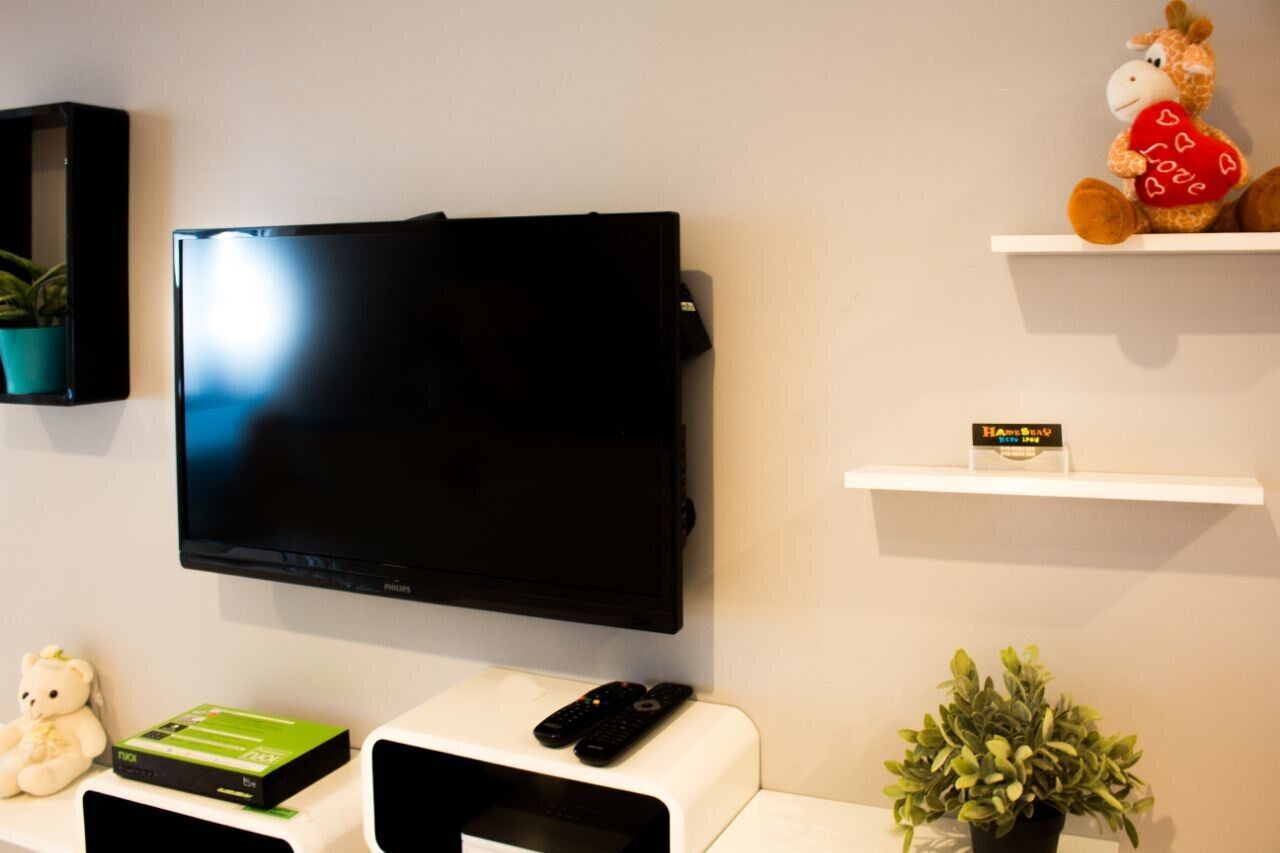 A flat-screen TV mounted on a wall, a white console table with a game controller, a green box, a teddy bear, a potted plant, and a shelf with a stuffed giraffe and a sign.