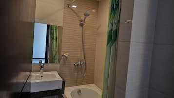 Hair dryer, bidet, towels, soap