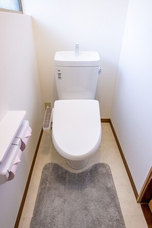 Ein kleines, modernes Badezimmer mit einer weißen Toilette, einem weißen Waschbecken und einem grauen Teppich auf dem Boden.