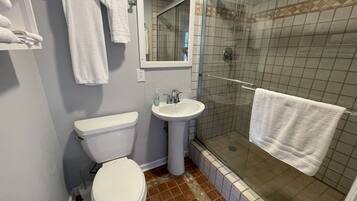 Hair dryer, towels, soap, toilet paper