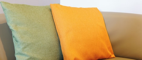 Deux coussins sur un canapé beige.