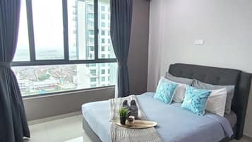 3 bedrooms, desk, blackout curtains, iron/ironing board