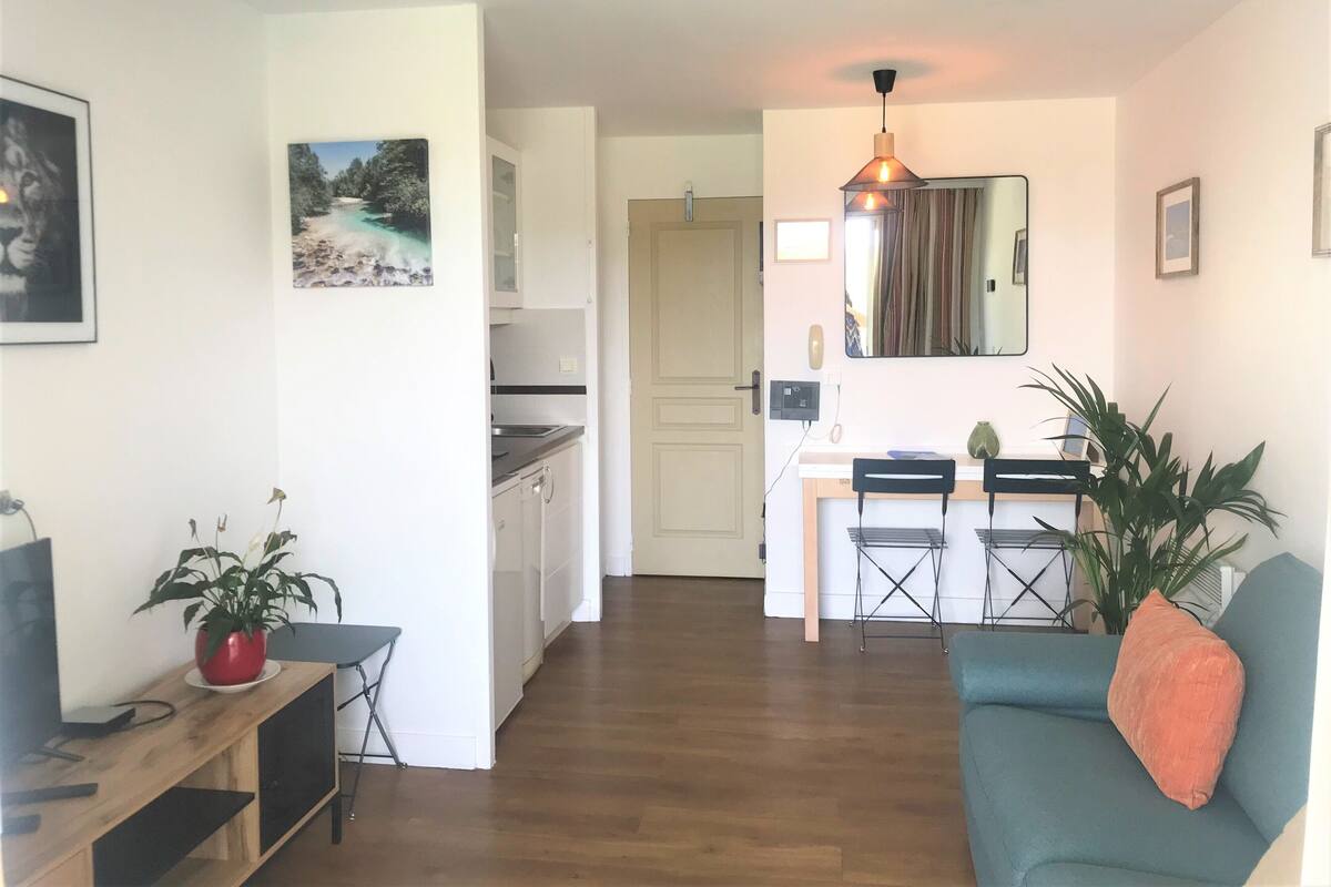 A modern apartment with a kitchen, dining area, and living room.