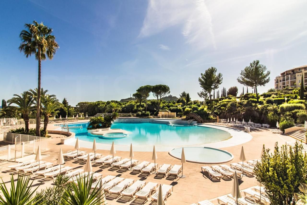 Una gran piscina curva con sillas de descanso y sombrillas, rodeada de palmeras y otra vegetación.
