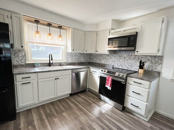 Frigorífico, microondas, horno y placa de cocina