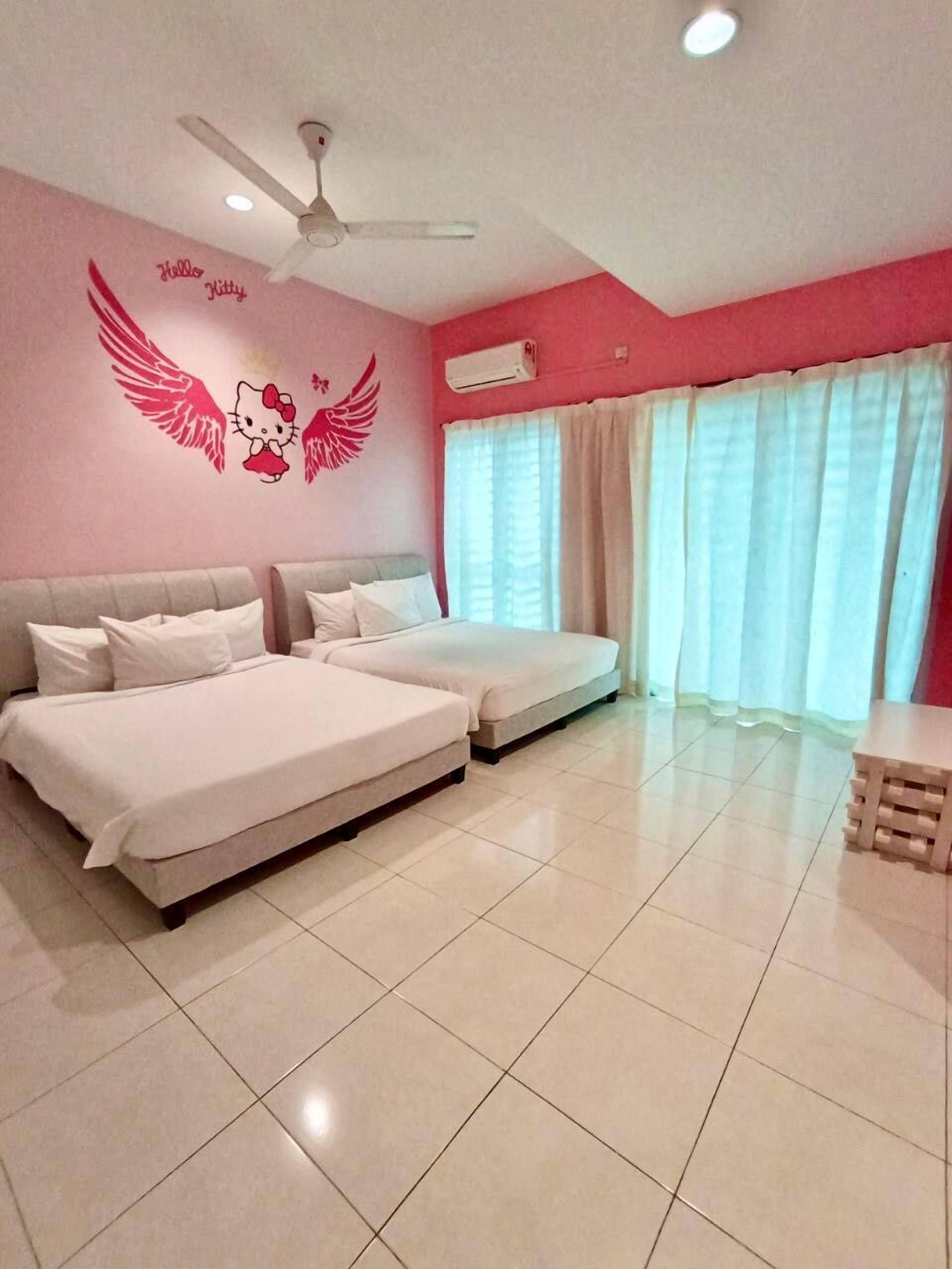 4 bedrooms, desk, blackout curtains, iron/ironing board