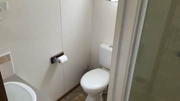 Une petite salle de bain compacte comprenant des toilettes, un lavabo et un espace douche.