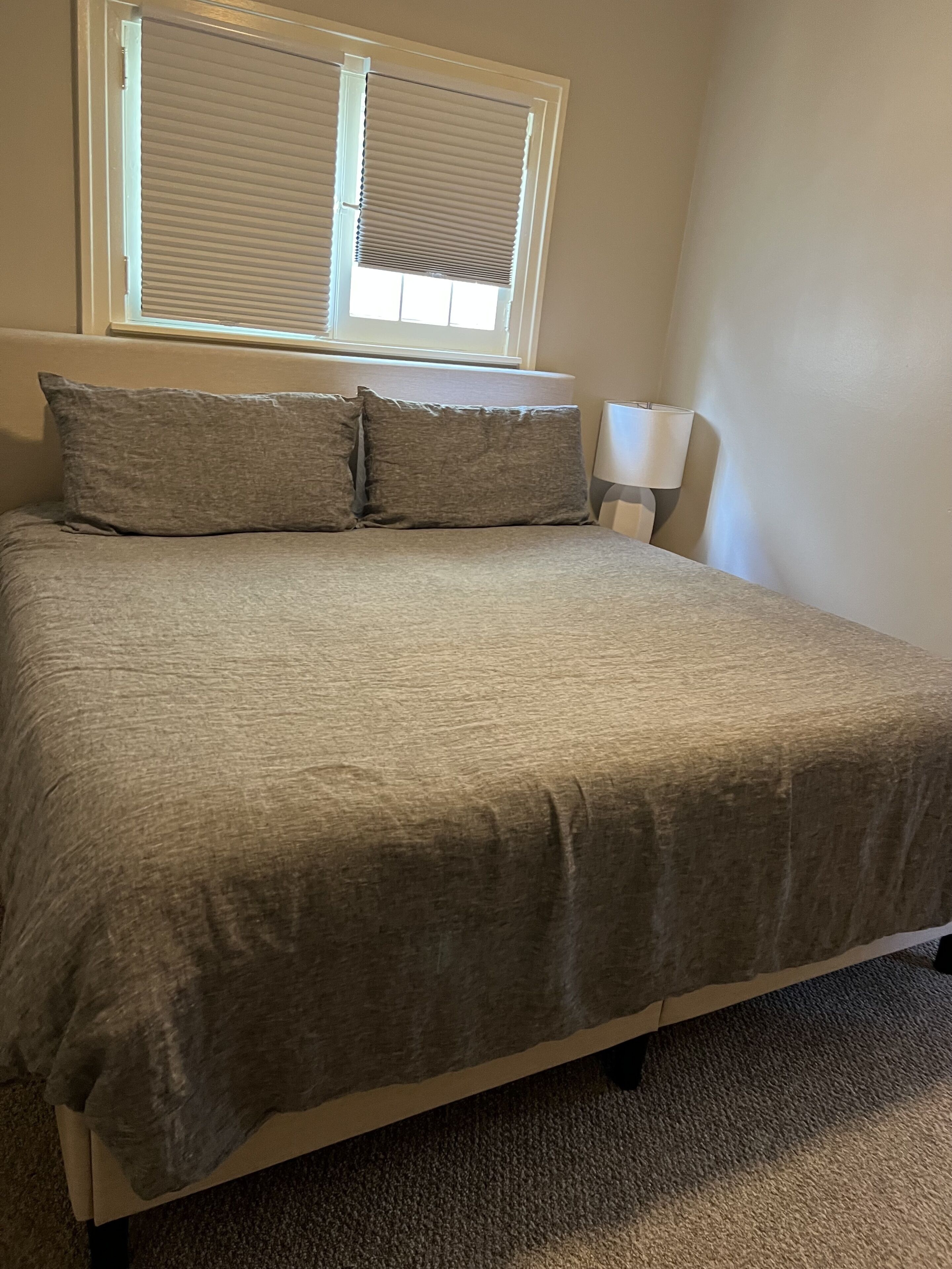 A bedroom with a bed, two pillows, a window with blinds, a lamp, and a carpeted floor.