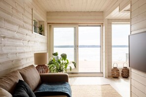 Tv, eldstad och en stereo