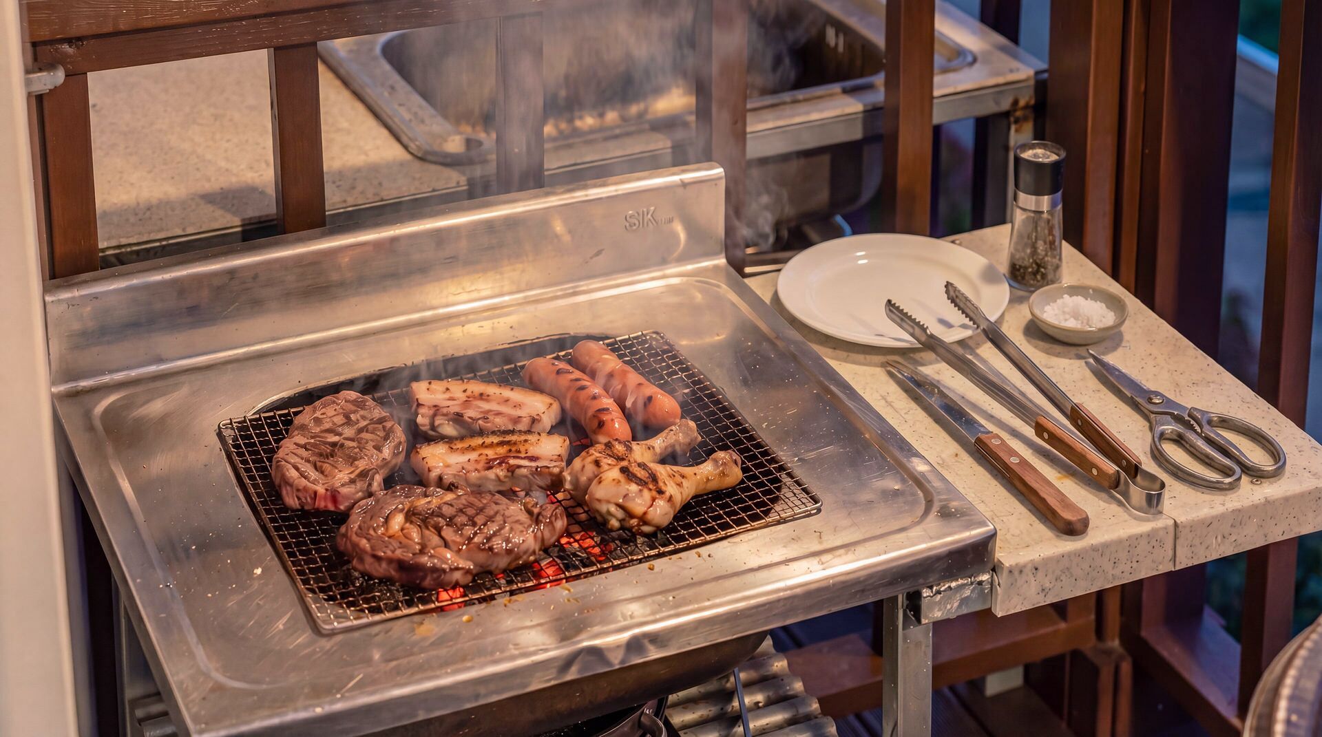 Una parrilla con diversos tipos de carne asándose, un fregadero y utensilios de cocina sobre una encimera.