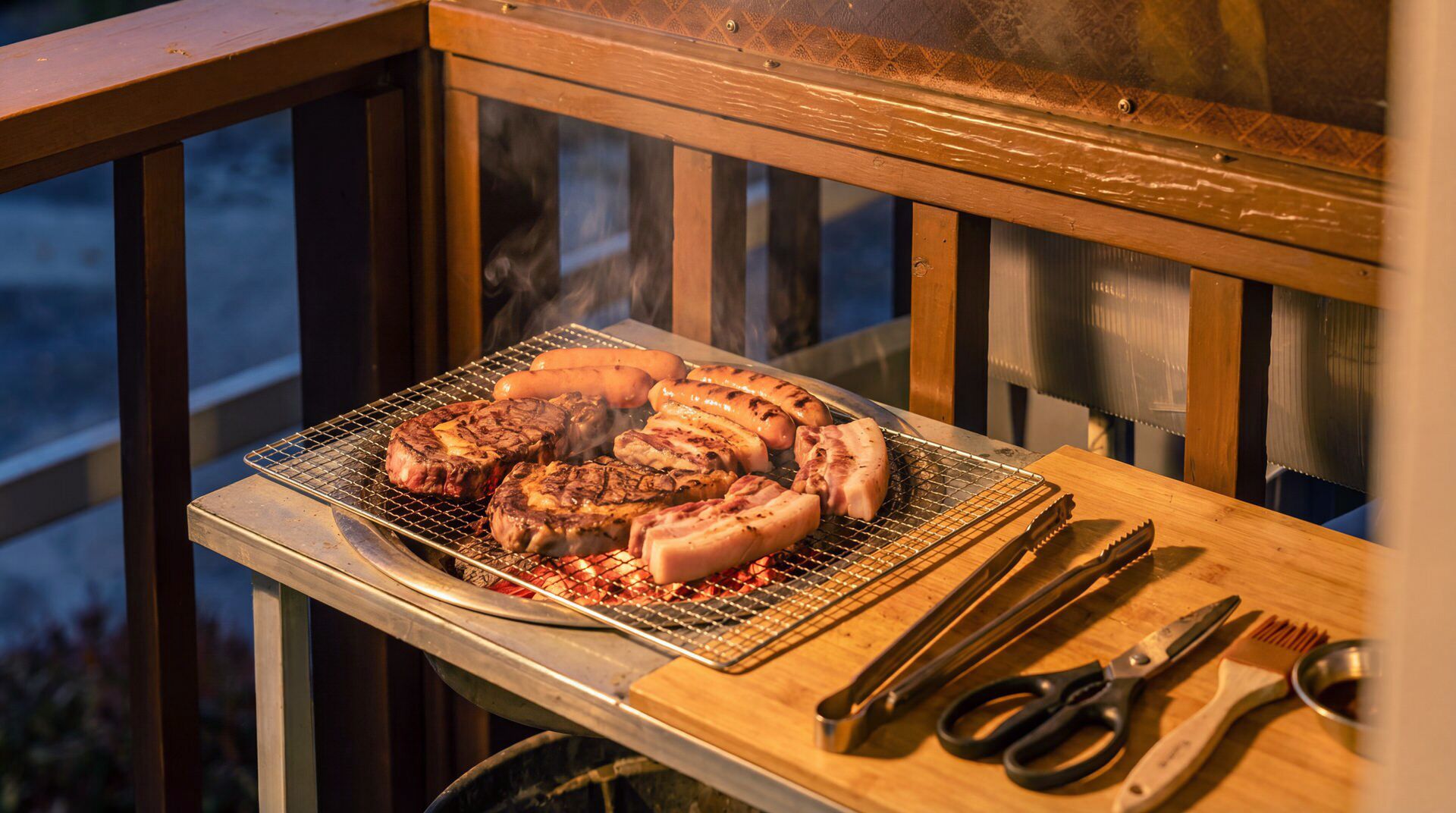 Un gril sur lequel différentes sortes de viande sont en train de cuire, une paire de ciseaux et une planche à découper, le tout posé sur une table en bois.