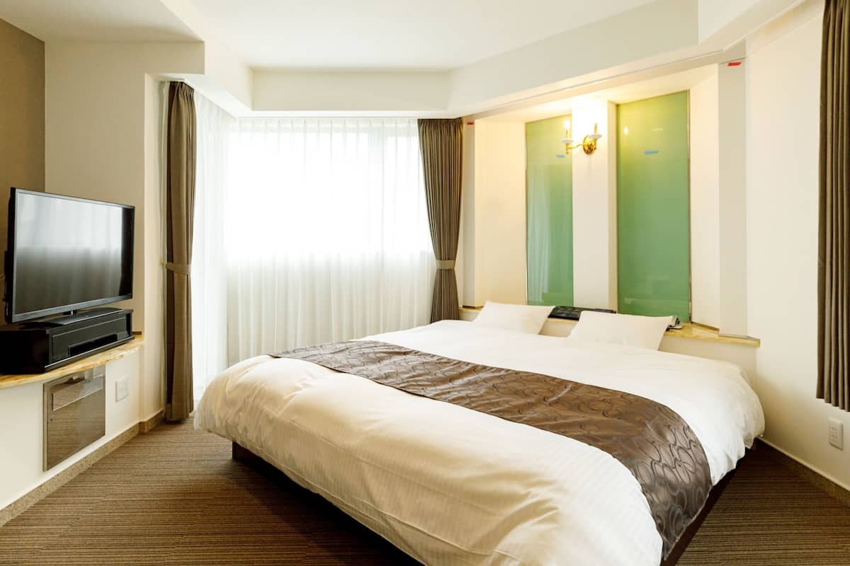 A hotel room with a large bed, a television on a stand, a green door, and a window with curtains.