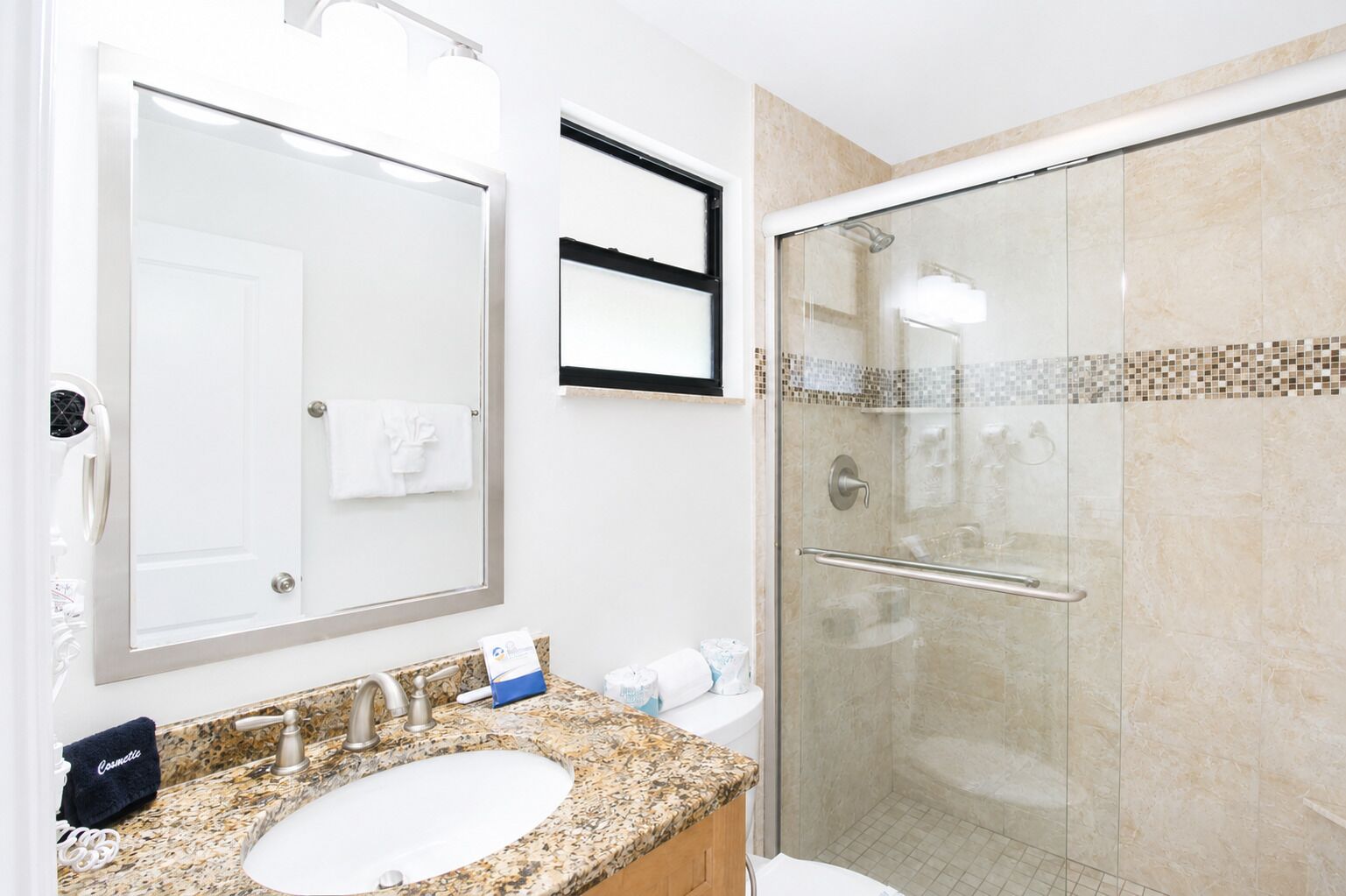 Shower, hair dryer, towels