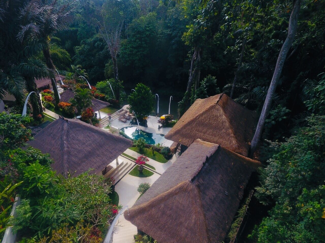 A resort with thatched-roof huts, a swimming pool, and lush greenery.