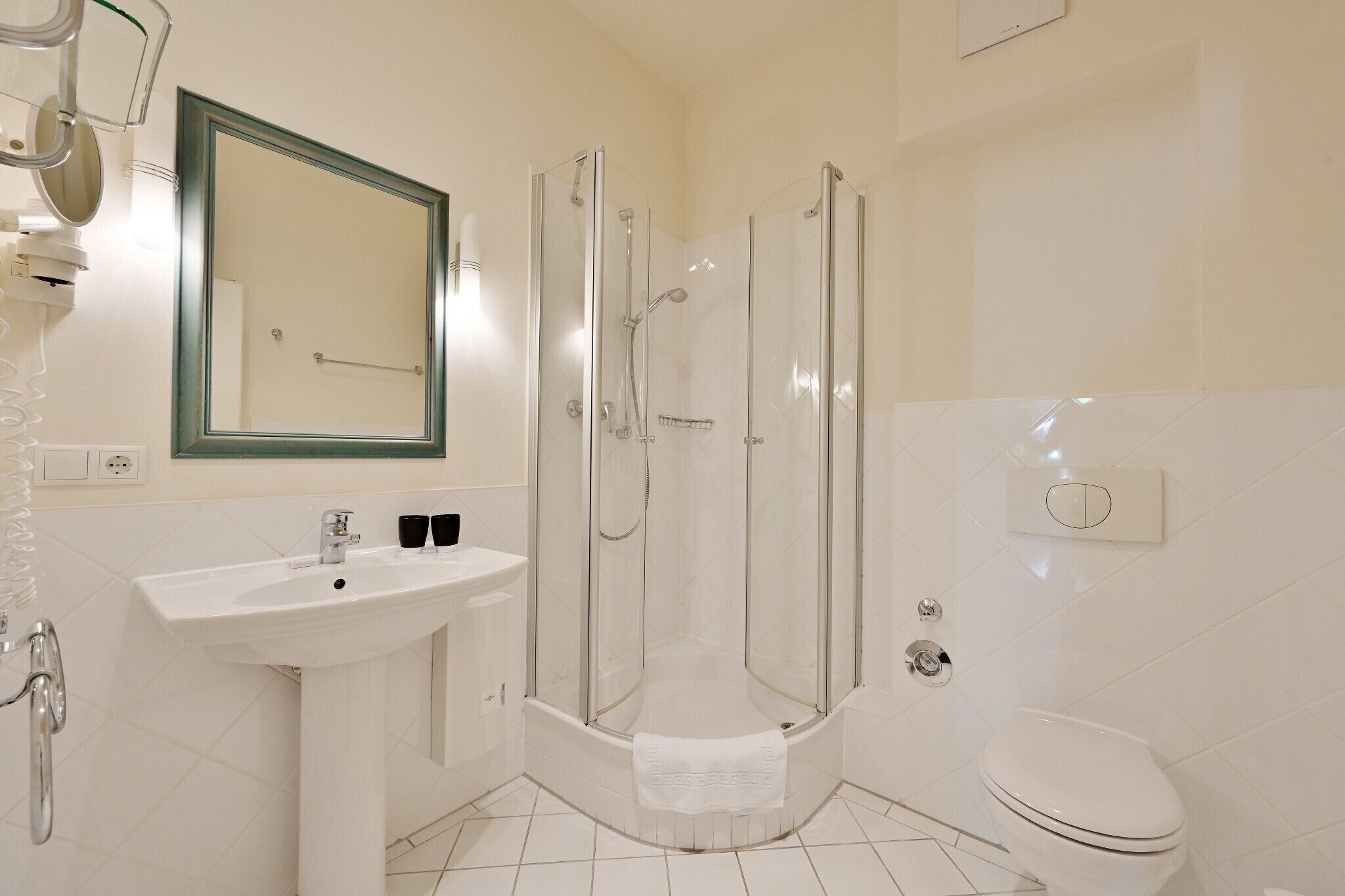 Shower, hair dryer, towels