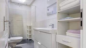 Shower, hair dryer, towels