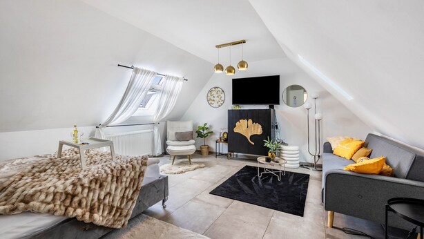 A modern loft bedroom with a large bed, a sofa, a TV, and a fireplace. - Apartment 'Deluxe' with Wi-Fi and Air Conditioning (Duisburg)