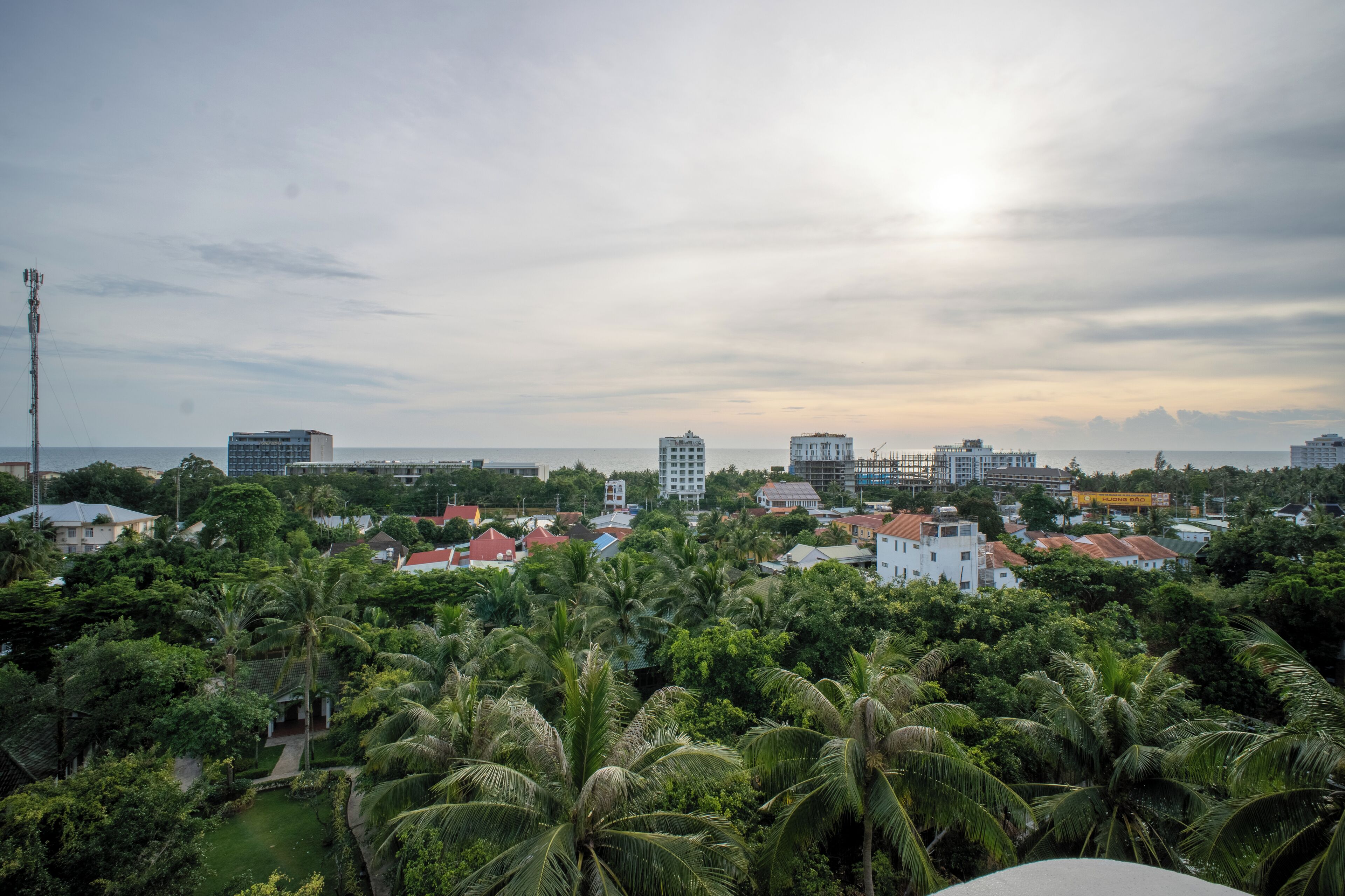 A coastal cityscape with dense greenery and palm trees, featuring a mix of residential and commercial buildings.