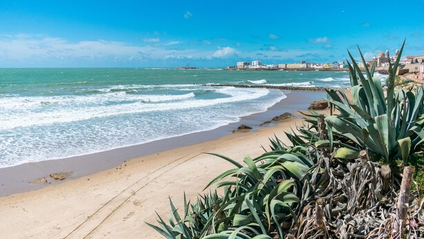 A beach with waves, a clear sky, and buildings in the distance. - Holiday Home in Cadiz by the Sea (Cadiz)