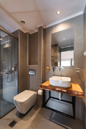 A modern bathroom with a glass shower enclosure, a white toilet, and a wooden vanity with a white sink. - Drakatos Apartment 1B X (Lefkada)