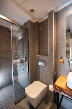 A modern bathroom with a glass-enclosed shower, a toilet, and a vanity with a mirror. - Drakatos Apartment 1B X (Lefkada)
