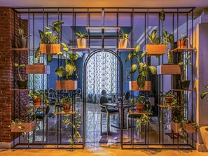 A room with a brick wall, a large window with patterned curtains, and multiple shelves with potted plants. - Club Prive By Rixos Sharm El Sheikh (Sharm El Sheikh)