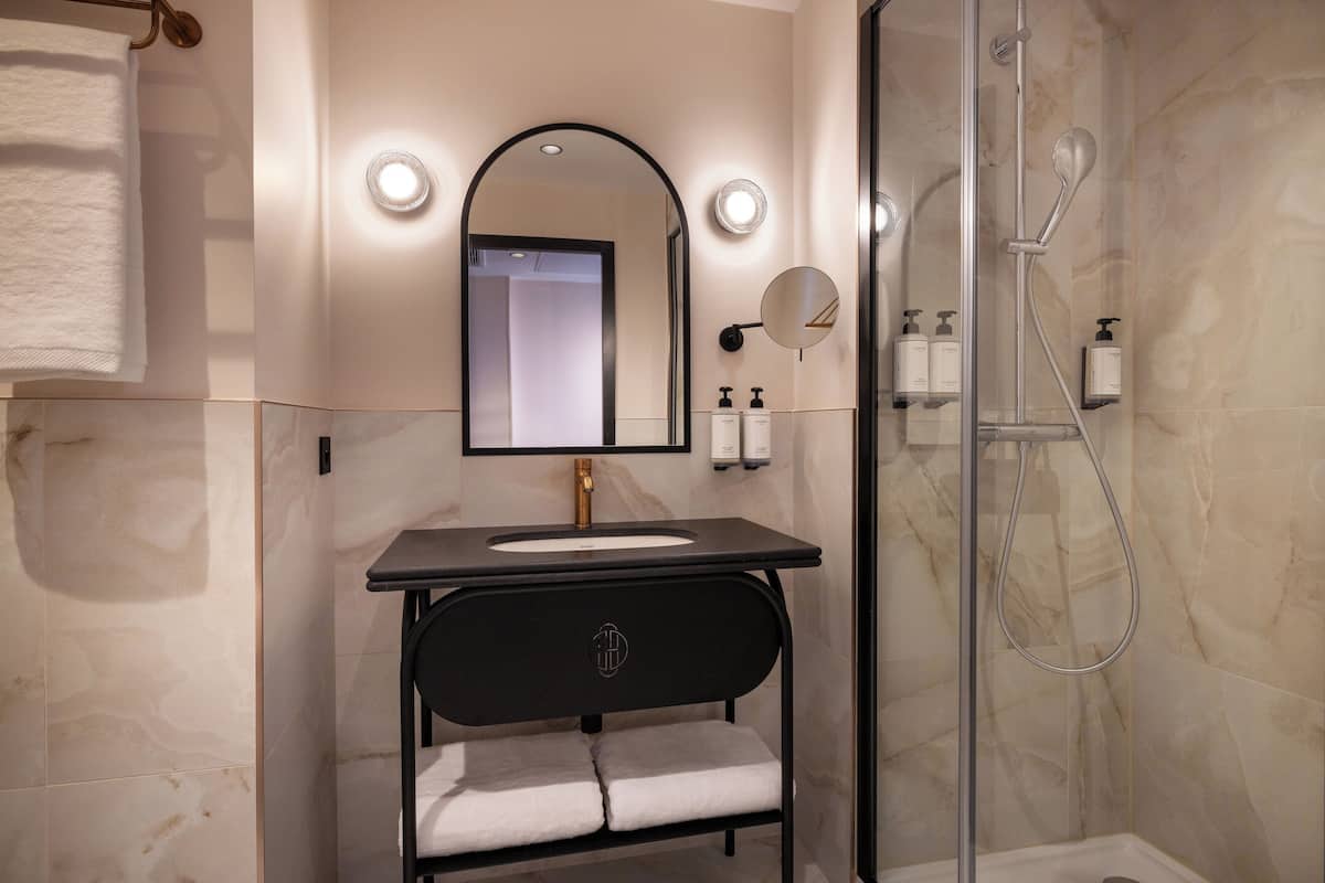 Shower, rainfall showerhead, hair dryer, bathrobes