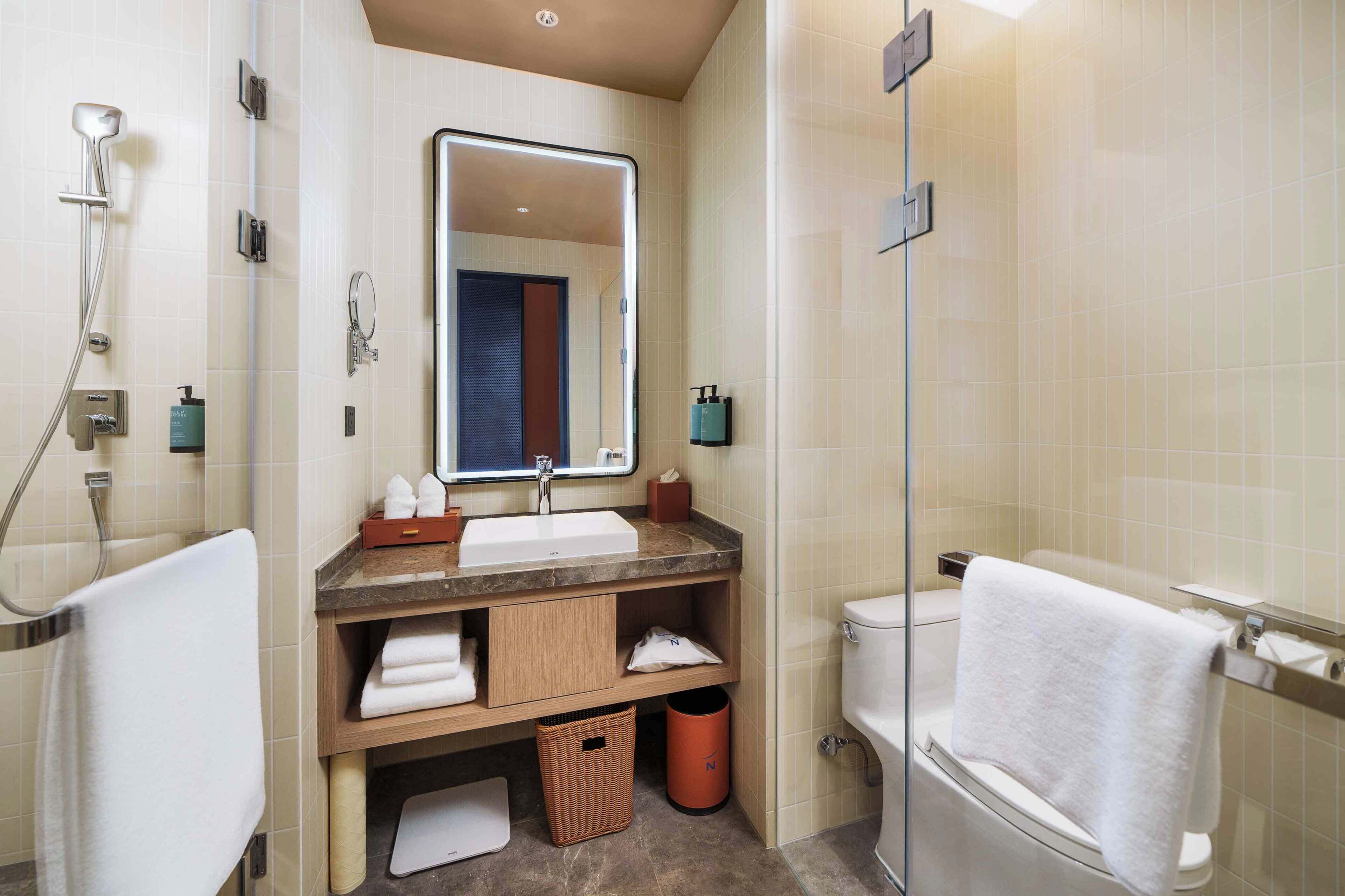 Un baño con ducha, lavabo, espejo e inodoro.
