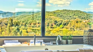 Un baño con un ventanal grande que ofrece vistas a un paisaje montañoso.